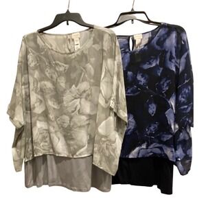 Chicos Set of 2 Floral Layered Tunics Grey Navy Blue Size 3 XL Kimono Sleeve